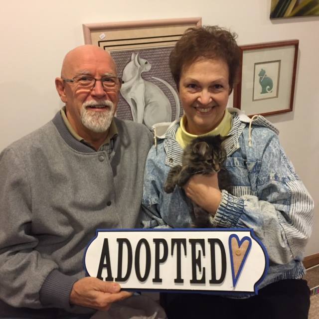 An older copule holding a cat and an adopted sign